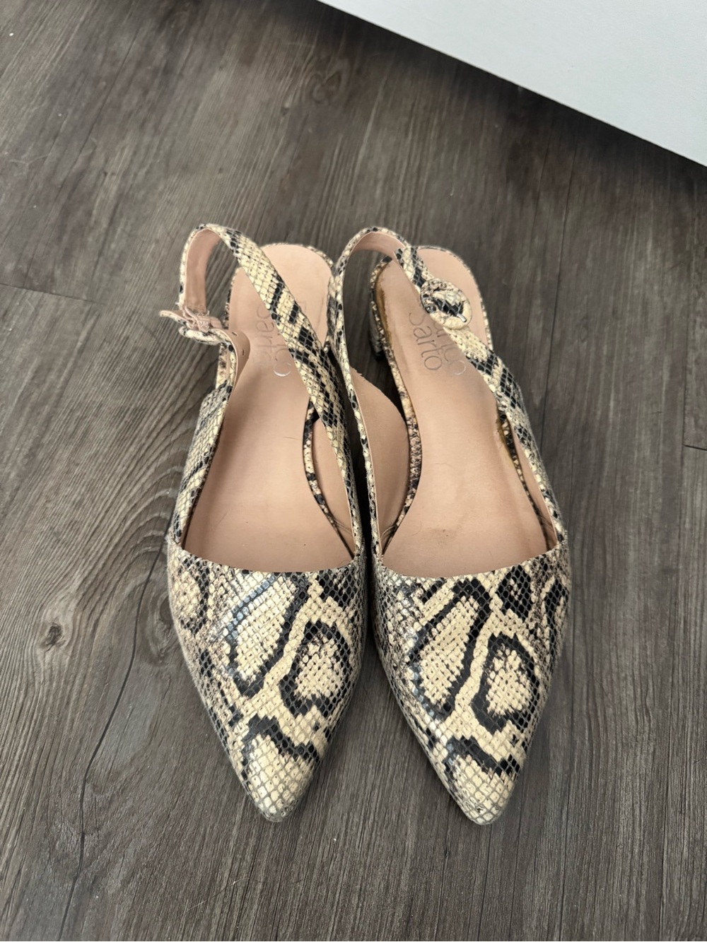 Franco Sarto Beige Snake-Print Pointed Slingback Flats - Picture 2 of 4